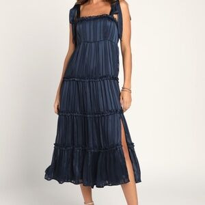Lulus Day For Romance Navy Blue Tie-strap Tiered Midi Dress - Size S